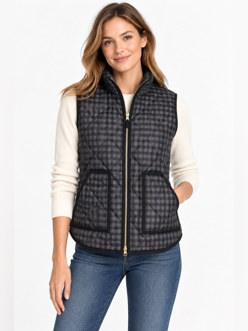 J.Crew Factory Quilted Check Puffer Vest Black Gray Size M